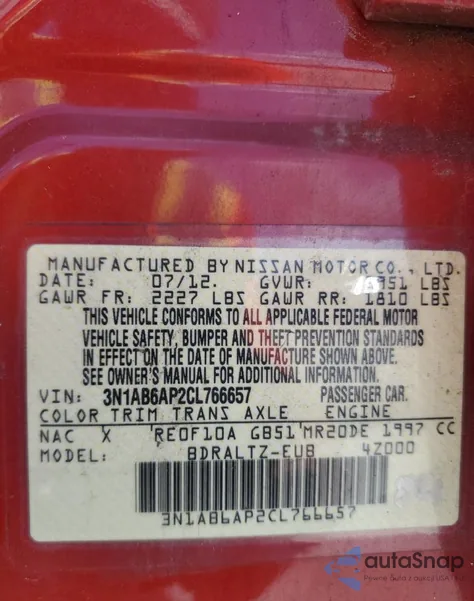 2012 Nissan Sentra 2.0 from USA, damaged, VIN 3N1AB6AP2CL766657